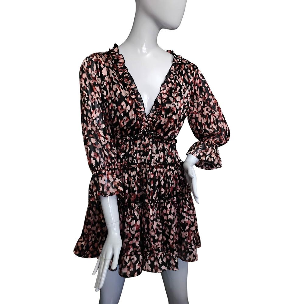 VICI Animal Print Ruffle Tiered Mini Dress Size Small Open Back Lined 3/4 Sleeve